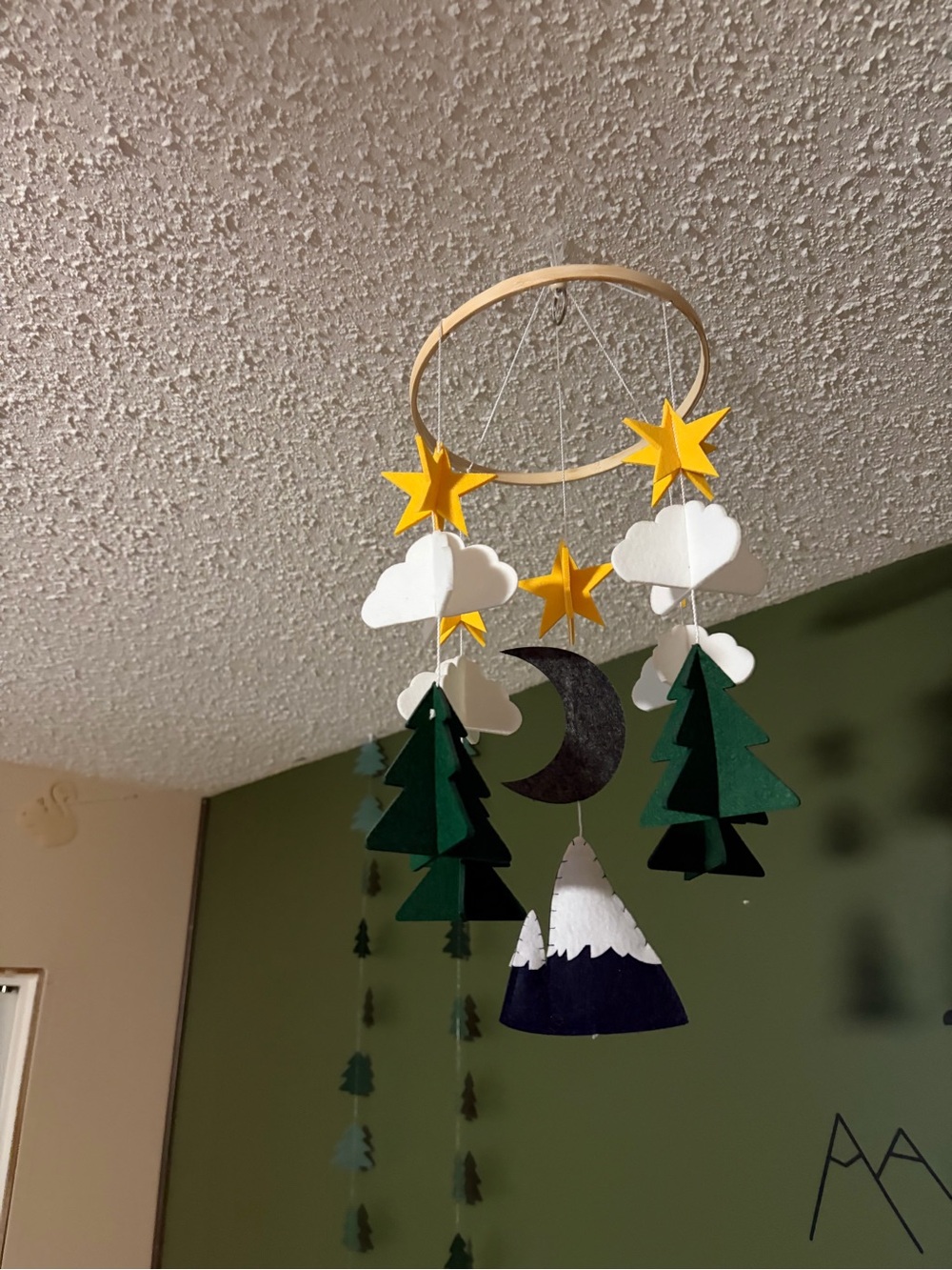 Handmade Woodland Mobile - Green Trees, White Clouds & Yellow Stars